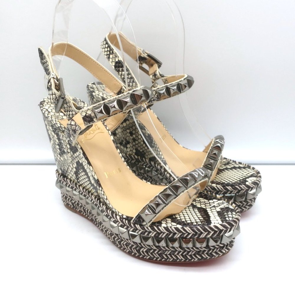 CHRISTIAN LOUBOUTIN CATACLOU STUDDED SNAKE PRINT ESPADRILLE WEDGES SIZE 37 - Picture 2 of 11